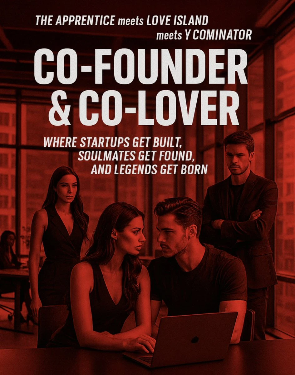 Co-founder & Co-lover poster: four people in a red-tinted office around a laptop
