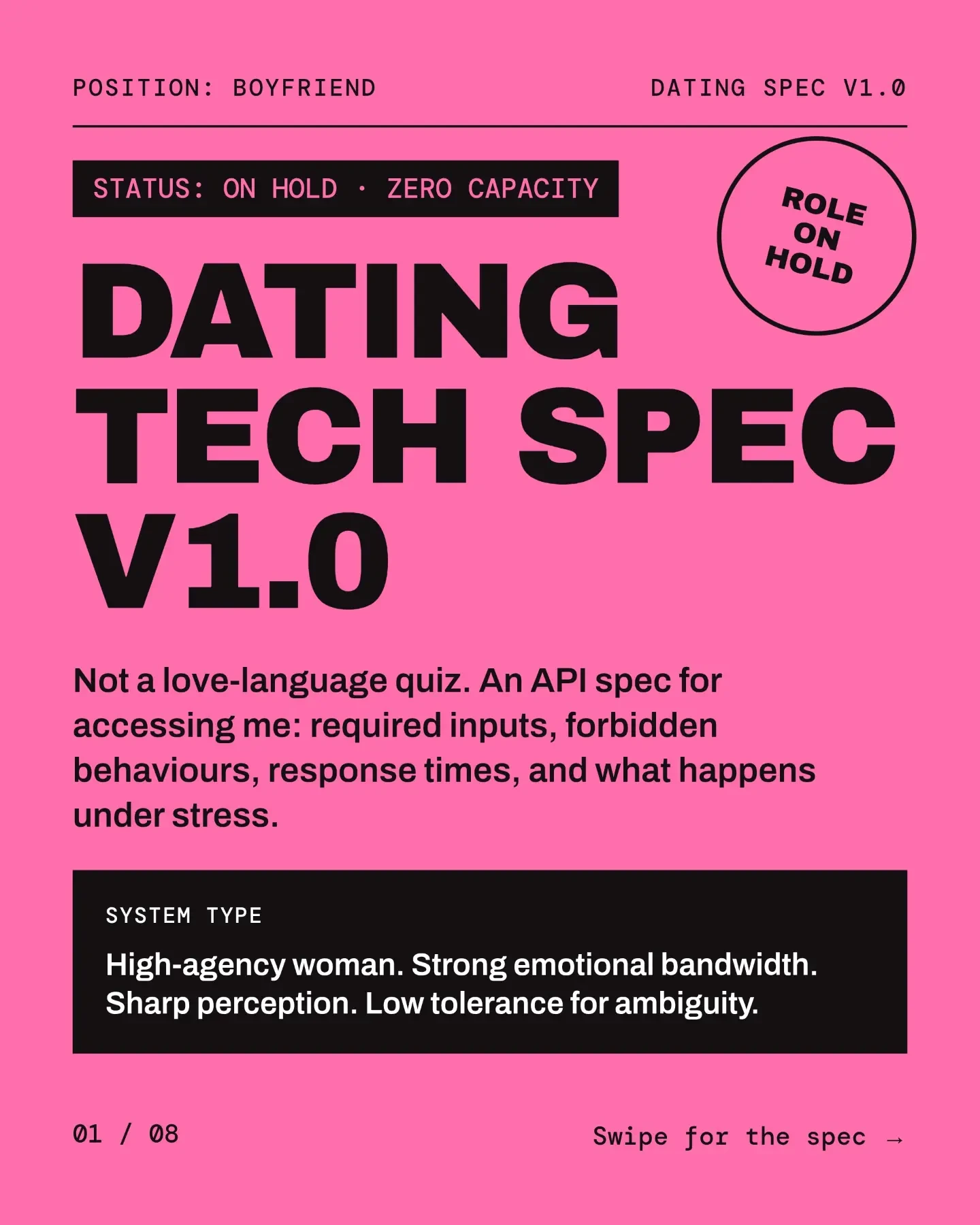 Dating Tech Spec V1.0. Position: boyfriend. Status: on hold, zero capacity. Not a love-language quiz, an API spec for accessing me.