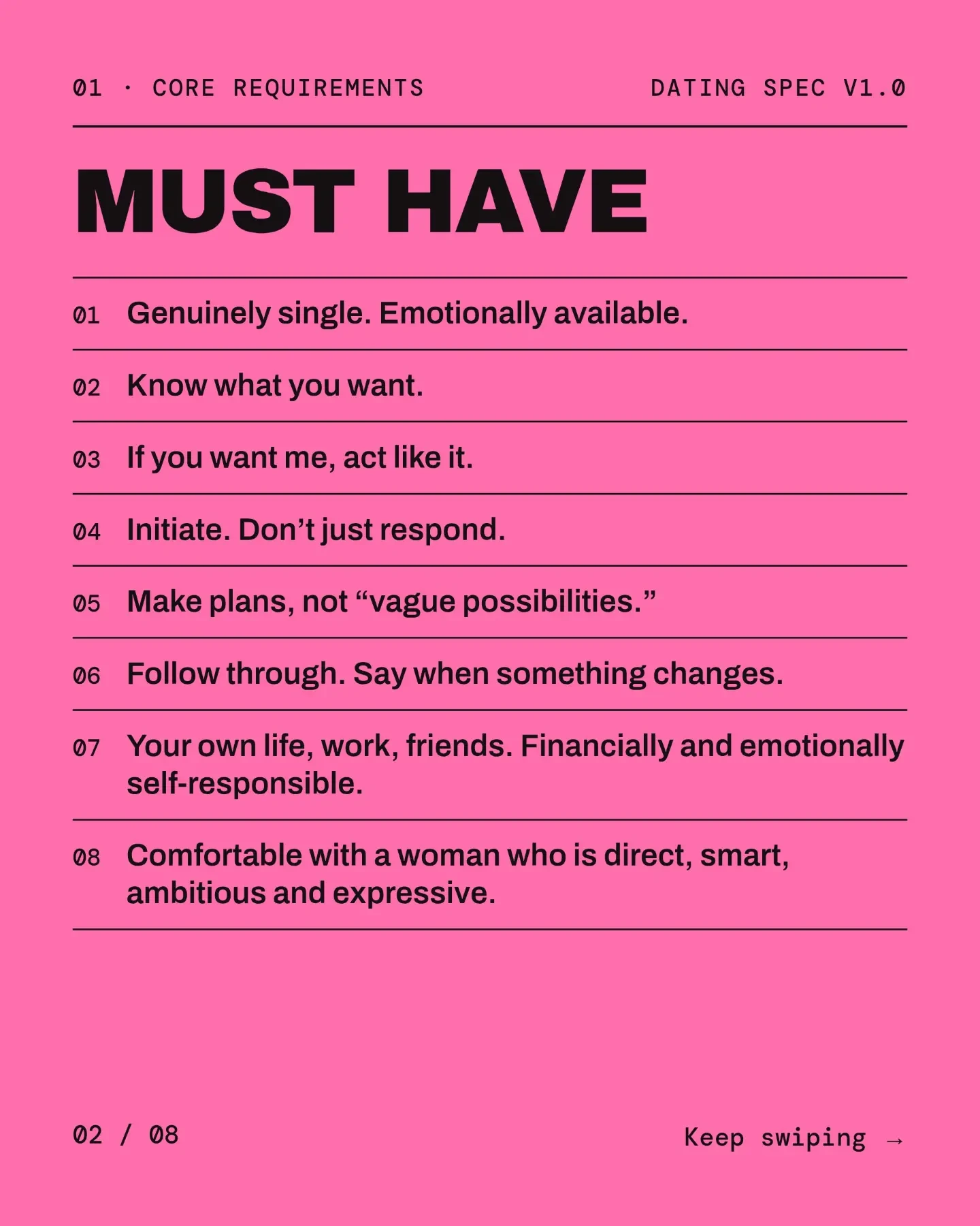 01 Core requirements: Must have. Eight requirements, from genuinely single and emotionally available to comfortable with a direct, ambitious woman.