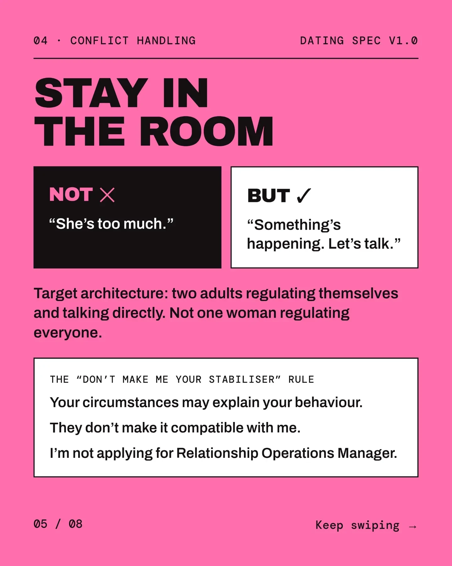 04 Conflict handling: Stay in the room. Two adults regulating themselves and talking directly.