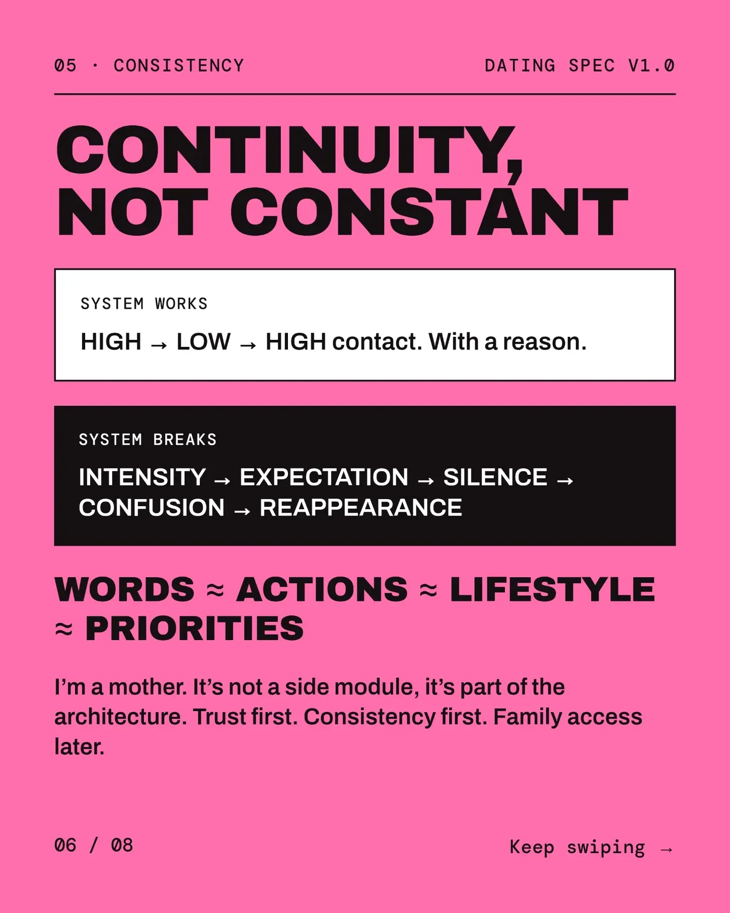05 Consistency: Continuity, not constant. Words, actions, lifestyle and priorities aligned.