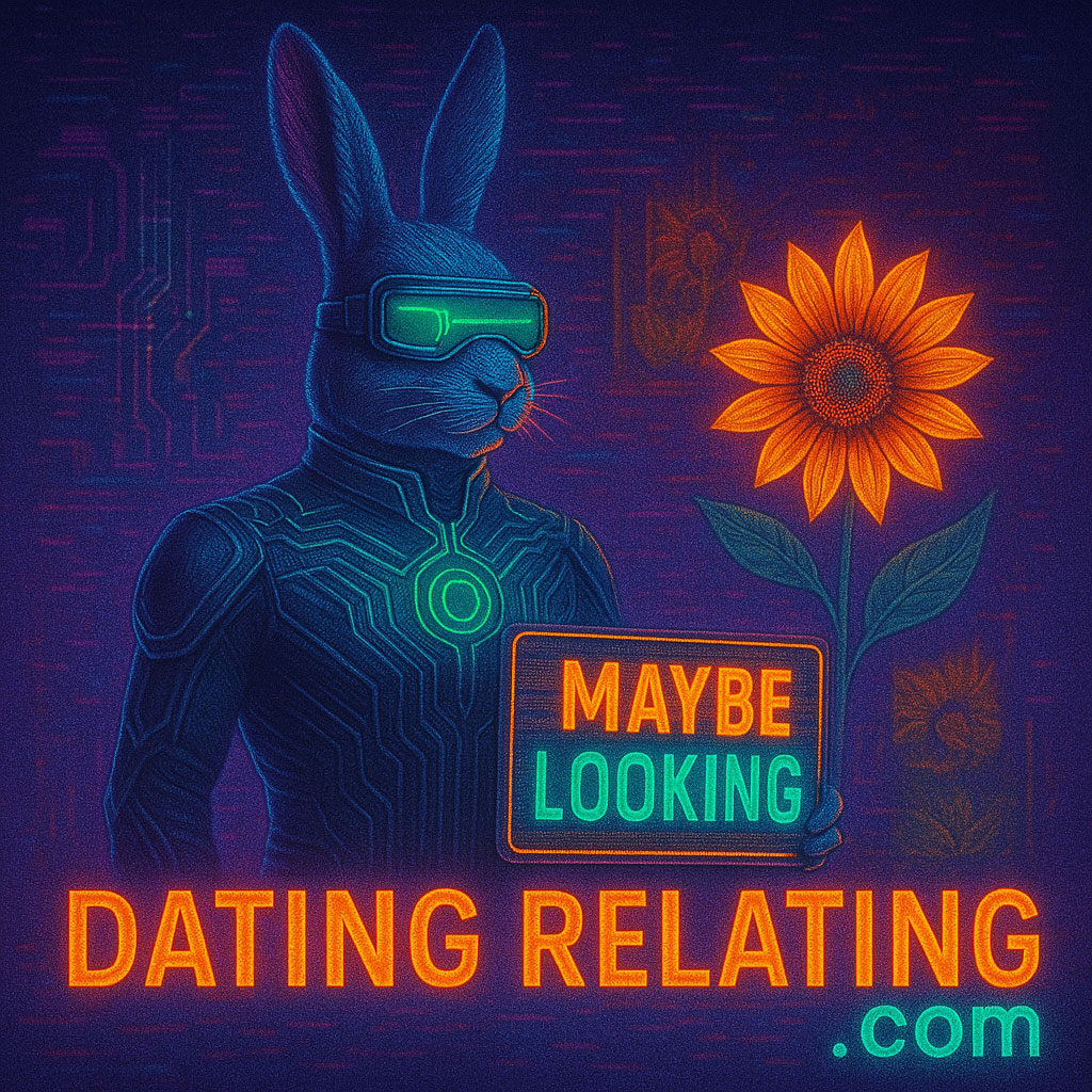 Rabbit in neon goggles holding a sunflower and a 'Maybe looking' sign